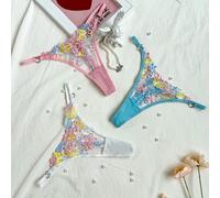 3 pièces Ensemble de strings sexy à taille basse avec broderie douce L,M,S,XLPlantesTissu tricoté