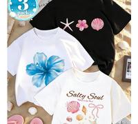 3 pièces Ensemble de t-shirts à manches courtes avec imprimé tropical de coquillages et de fleurs pour jeunes filles, hauts d'été pour jeunes étudiantes 6Y,7Y,8Y,9Y,10Y,14Y,11Y,12Y,13Ygraphique,Lettre