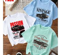3 pièces Ensemble de t-shirts à manches courtes avec imprimé voiture pour garçons préadolescents, vêtements pour jeunes étudiants, convient pour les hauts d'été des garçons préadolescents 6Y,7Y,8Y,9Y,
