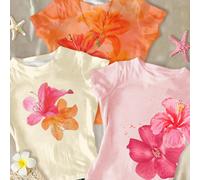 3 pièces Ensemble de T-shirts à manches longues col rond décontractés pour préadolescentes, imprimés tropicaux de fleurs d'hibiscus et de bord de mer. Confortable pour l'été dans une palette de couleu