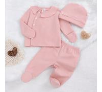 3 pièces Ensemble de tenue à domicile pour bébé fille, comprenant un Top à manches longues, un pantalon et un chapeau de style simple rose 6-9M,0-1M,1-3M,3-6MUnicoloreTissu tricoté