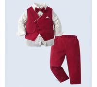 3 pièces Ensemble de tenue de jeune garçon de gentleman : chemise à manches longues, gilet avec nœud papillon et pantalon, à la mode et élégant pour l'anniversaire, la fête de Noël, le mariage, la bab