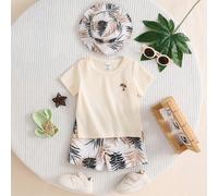 3 pièces Ensemble de tenue d'été décontractée pour bébé/tout-petit garçon Beige Boho T-shirt à manches courtes rayé Short à taille élastique Chapeau de soleil à large bord Vacances et congés 6-9M,9-12