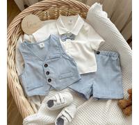 3 pièces Ensemble de tenue d'été mignon de petit garçon gentleman : gilet à carreaux, short, chemise à manches courtes avec nœud papillon. Convient pour les anniversaires, baptêmes, 1er anniversaire, 