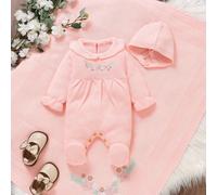 3 pièces Ensemble de tenue pour bébé fille nouveau-né : Barboteuse rose brodée, Couverture en tricot, Chapeau 6-9M,0-1M,1-3M,3-6MPlantesTricots