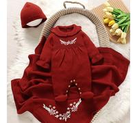 3 pièces Ensemble de tenues pour bébé fille nouveau-né : Combinaison avec col claudine brodé, chapeau et couverture en tricot. Robe rouge pour nouveau-né, tenues rouges pour bébé, tenue cerise pour bé