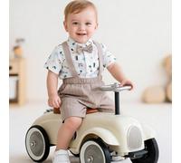 3 pièces Ensemble décontracté pour bébé garçon : Chemise à col court + Nœud papillon + Chemise imprimée de palmiers tropicaux et de voitures + Short à bretelles rayé, Tenue de gentleman pour le printe