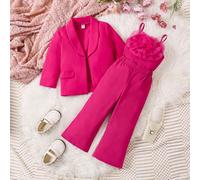 3 pièces Ensemble élégant urbain pour jeune fille : Blazer, Gilet 3D à fleurs et Pantalon, convient pour les occasions formelles 6Y,7Y,4Y,5YUnicolorePolyester