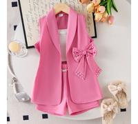 3 pièces Ensemble formel pour filles : Blazer rose avec nœud et perles, Débardeur en tricot, Short décoré de perles. Tenue élégante d'été pour la ville ou les vacances 6Y,7Y,4Y,5YUnicoloreÉtoffe,Trico