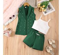 3 pièces Ensemble formel pour filles : Blazer rose, Débardeur en tricot, Short orné de perles. Tenue d'été décontractée et élégante 6Y,7Y,4Y,5YBlocs de couleurÉtoffe,Tricot côtelé