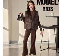 3 pièces Ensemble mode automne/hiver pour préadolescentes : T-shirt à manches longues, pantalon évasé, et gilet en fausse fourrure 8Y,9Y,10Y,11Y,12YUnicolorePolyester