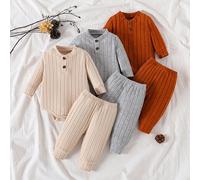 3 pièces Ensemble mode décontracté pour bébé fille, comprenant un body à manches longues avec col en V côtelé et doux + pantalon long de couleur unie pour l'automne/hiver 6-9M,0-1M,1-3M,3-6Mgraphique,