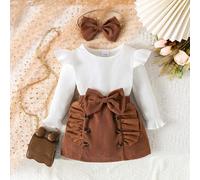 3 pièces Ensemble pour bébé fille : Top à manches volantées de couleur unie, Jupe avec décor nœud, Chouchou pour cheveux 6-9M,9-12M,12-18M,18-24M,2-3YBlocs de couleurÉtoffe,Tricot côtelé