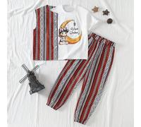 3 pièces Ensemble pour garçons pré-adolescents comprenant un gilet léger à motif floral, un Top à manches courtes avec imprimé lettres de couleur unie, et un pantalon avec cordon de serrage à la taill