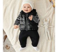3 pièces Ensemble pour nouveau-né garçon/fille comprenant combinaison à manches longues rayée + pantalon de survêtement noir + chapeau à capuche, style casual pour automne/hiver 6-9M,0-1M,1-3M,3-6MGéo