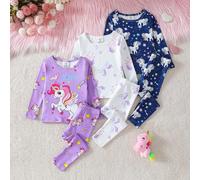 3 pièces/ensemble Pyjama bébé fille mignon avec imprimé licorne sur tout le vêtement, t-shirt à manches longues près du corps et pantalon 2Y,3Y,9-12M,12-18M,18-24MCartoon,Géométrique,LettresTissu tric