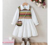 3 pièces Ensemble robe pour jeune fille, mode décontractée, tricot, pull-over court, couleur unie, col polo à boutons, manches longues avec dentelle, ourlet multicouche, avec sac, pour le port quotidi