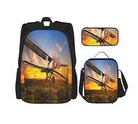 3 pièces ensemble sacs à dos ancien avion volant au-dessus de la scène rurale sur fond de coucher de soleil sac de livre voyage camping travail sac d'école trousse à crayons sac à déjeuner combinais