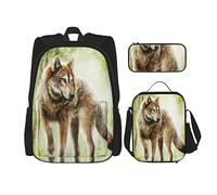 3 pièces ensemble sacs à dos Animal vert jungle et loups dorés sac de livre voyage camping travail sac d'école trousse à crayons sac à déjeuner combinaison pour hommes femmes garçons filles taille u