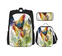 3 pièces ensemble sacs à dos animaux de la ferme poulet et coq dans l'herbe sur fond blanc sac de livre voyage camping travail sac d'école trousse à crayons sac à déjeuner combinaison pour hommes fe