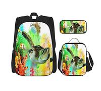3 pièces ensemble sacs à dos aquarelle animaux de l'océan fond marin monde de corail avec des tortues de poisson méduse sac de livre voyage travail sac d'école trousse à crayons sac à déjeuner combi