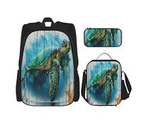 3 pièces ensemble sacs à dos aquarelle tortue de mer vie marine sur planche de bois rustique monde sous-marin livre sac voyage travail école sac étui à crayons sac à déjeuner combinaison pour hommes