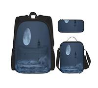 3 pièces ensemble sacs à dos bleu mer lune phare paysage marin tempête rock nuit livre sac voyage camping travail sac d'école trousse à crayons sac à lunch combinaison pour hommes femmes garçons fil