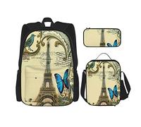 3 pièces ensemble sacs à dos bleu papillon moderne Paris tour Eiffel sac de livre voyage camping travail sac d'école trousse à crayons sac à déjeuner combinaison pour hommes femmes garçons filles ta
