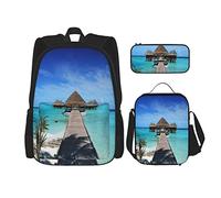 3 pièces ensemble sacs à dos bord de mer en bois été relaxation planche pont herbe pavillon tropical océan resort scénique livre sac travail école sac trousse à crayons sac à lunch combinaison pour