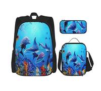 3 pièces ensemble sacs à dos coloré mer océan monde dauphin poissons tropicaux corail nager dans l'océan profond fantastique monde sous-marin sac de travail sac d'école trousse à crayons sac à lunch