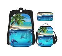 3 pièces ensemble sacs à dos dauphin de mer poisson 3D monde sous-marin plage tropicale palmier livre sac voyage camping travail sac d'école trousse à crayons sac à déjeuner combinaison pour hommes