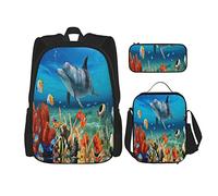 3 pièces ensemble sacs à dos dauphins bulles bleues poisson rouge corail sous-marin sable monde sac de livre voyage camping travail sac d'école trousse à crayons sac à déjeuner combinaison pour homm