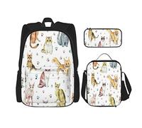 3 pièces ensemble sacs à dos dix races différentes de chats et empreintes de pas isolés sur fond blanc livre sac voyage travail sac d'école trousse à crayons sac à lunch combinaison pour hommes femm