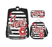 3 Pièces Ensemble Sacs à Dos Femme Rouge à Lèvres Paris Tour Eiffel Et Coeur Rouge Sur Noir Et Blanc Rayures Cartable Voyage Travail Sac D'école Trousse Sac À Lunch Combinaison Pour Hommes Femmes Ga