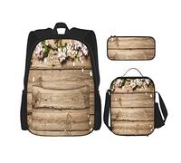 3 pièces ensemble sacs à dos fleur de printemps sur des panneaux de bois rustiques motif floral vintage cartable voyage camping travail sac d'école trousse à crayons sac à lunch combinaison pour hom
