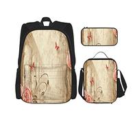 3 pièces ensemble sacs à dos fleur et pilier rose rose papillon piliers de pierre architecture ancienne thème rétro fond de marbre sac de livre voyage travail sac d'école trousse à crayons sac à lun