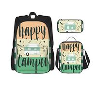 3 Pièces Ensemble Sacs à Dos Happy Camper Camping Conception Extérieure Cartable Voyage Camping Travail Sac D'école Trousse À Crayons Sac À Lunch Combinaison Pour Hommes Femmes Garçons Filles Taille
