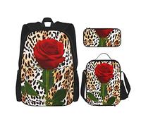 3 pièces ensemble sacs à dos léopard rouge rose fleur peau d'animal impression romantique amour printemps fleur florale feuilles vertes safari sauvage Panthera sac d'école trousse à crayons sac à dé