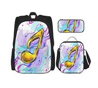 3 pièces ensemble sacs à dos multicolore style comique avec notes de musique jaune doré sac de livre voyage camping travail sac d'école trousse à crayons sac à lunch combinaison pour hommes femmes g