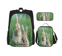 3 pièces ensemble sacs à dos nature animaux deux lapins mignons broutant sur l'herbe verte sac de livre voyage camping travail sac d'école trousse à crayons sac à déjeuner combinaison pour hommes fe