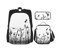 3 pièces ensemble sacs à dos nature herbe buisson prairie silhouette avec libellules volant printemps jardin plantes livre sac voyage travail école sac étui à crayons sac à déjeuner combinaison pour