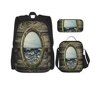 3 pièces ensemble sacs à dos nautique fenêtre de bateau océan vagues offing vu de cercle fenêtre sur bateau en bois chic nature paysage livre sac travail école sac étui à crayons sac à lunch pour ho
