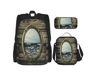 3 pièces ensemble sacs à dos nautique fenêtre de bateau océan vagues offing vu de cercle fenêtre sur bateau en bois chic nature paysage livre sac travail école sac étui à crayons sac à lunch pour ho
