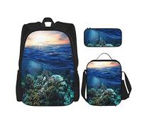 3 pièces ensemble sacs à dos océan paysage tortues coraux rochers vue sous-marine mer claire coucher de soleil livre sac voyage camping travail sac d'école trousse à crayons sac à déjeuner combinais