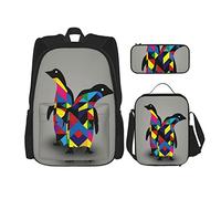 3 pièces ensemble sacs à dos oiseau drôle pingouin abstrait devant blanc personnage couleur noir graphique arctique livre sac voyage travail école sac trousse à crayons sac à déjeuner combinaison po