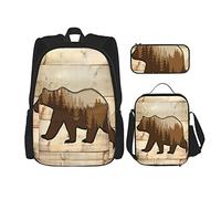 3 pièces ensemble sacs à dos ours noir nature marron forêt Vintage rustique planche de bois porte de garage rétro pays livre sac voyage travail école sac porte-crayon sac à déjeuner combinaison pour