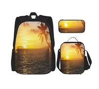 3 pièces ensemble sacs à dos palmiers dans l'île tropicale plage sautant poissons et majestueux coucher de soleil image livre sac voyage travail école sac étui à crayons sac à déjeuner combinaison p