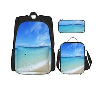 3 pièces ensemble sacs à dos paysage de plage exotique avec ciel et eau de mer claire terres d'actualité vie tranquille turquoise crème livre sac travail école sac porte-crayon sac à déjeuner combin
