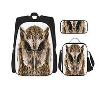 3 pièces ensemble sacs à dos Photo d'un hibou en macro jaune noir yeux de hibou avec gris blanc plume sac de livre voyage camping travail sac d'école trousse à crayons sac à déjeuner combinaison pou