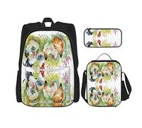 3 pièces ensemble sacs à dos poulet et coq dans l'herbe impression livre sac voyage camping travail sac d'école trousse à crayons sac à déjeuner combinaison pour hommes femmes garçons filles taille